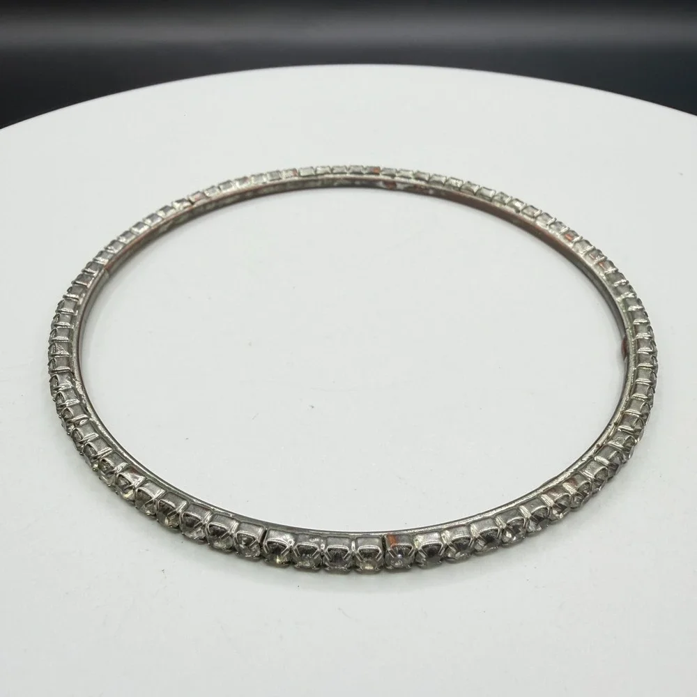 Silver Tone Clear Rhinestone Bangle Bracelet Prong Set Sparkle Statement Jewelry